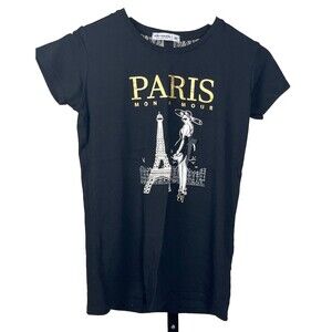 Air de Paris Black Lace Gold T Shirt Medium‎ Eiffel Tower Graphic Print Stretch